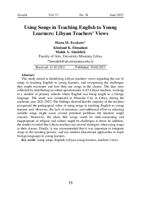 (PDF) Using Songs in Teaching English to Young Learners: Libyan ...