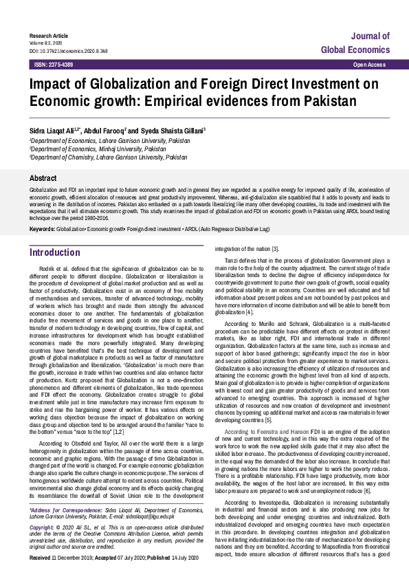 (PDF) Impact of Globalization and Foreign Direct Investment on Economic ...