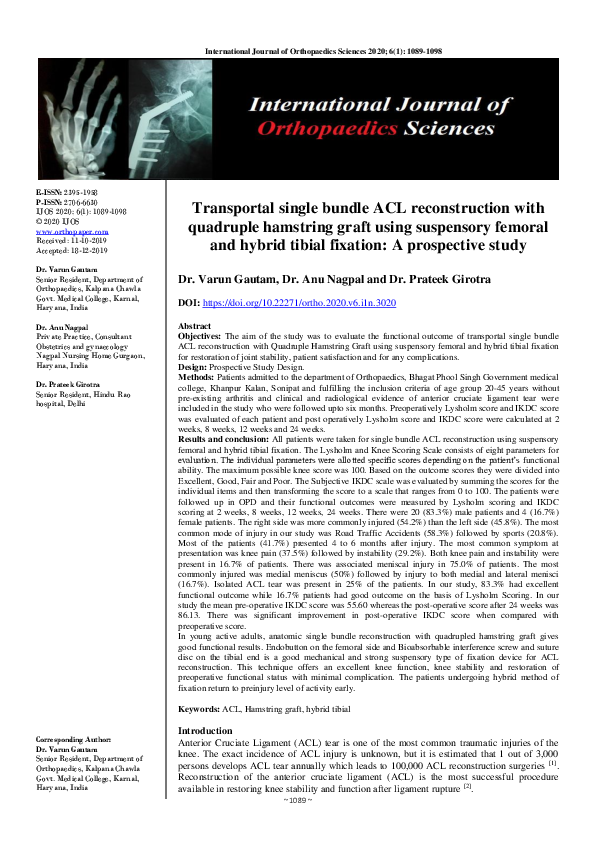 (PDF) Transportal single bundle ACL reconstruction with quadruple ...