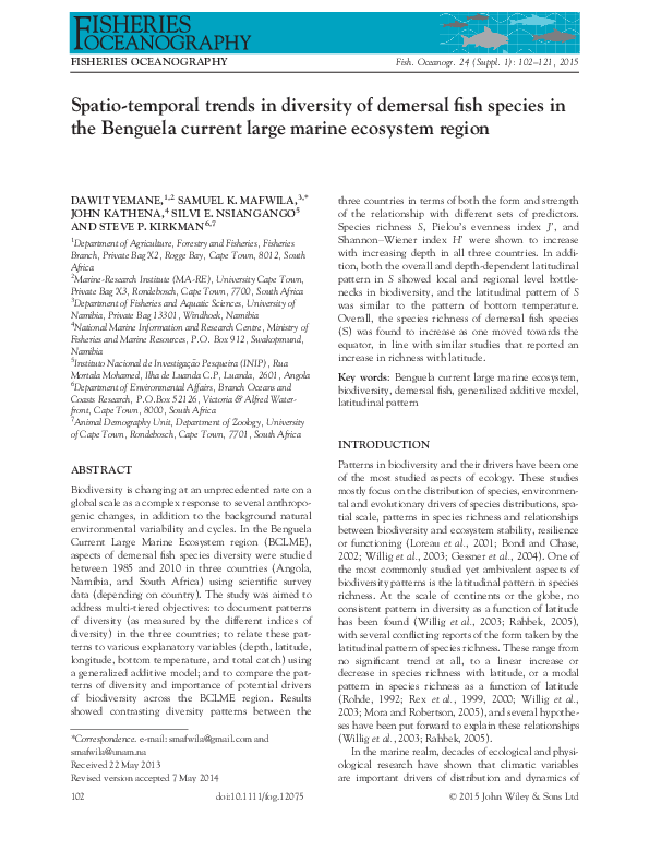 (PDF) Spatio‐temporal trends in diversity of demersal fish species in ...