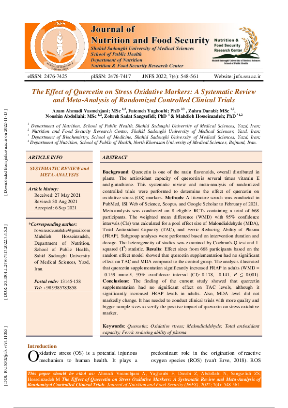 (PDF) The Effect of Quercetin on Stress Oxidative Markers: A Systematic ...
