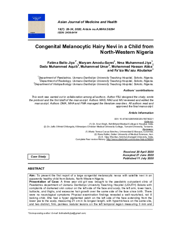 (PDF) Congenital Melanocytic Hairy Nevi in a Child from North-Western ...