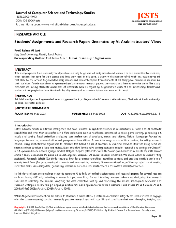 (PDF) Students’ Assignments and Research Papers Generated by AI: Arab ...