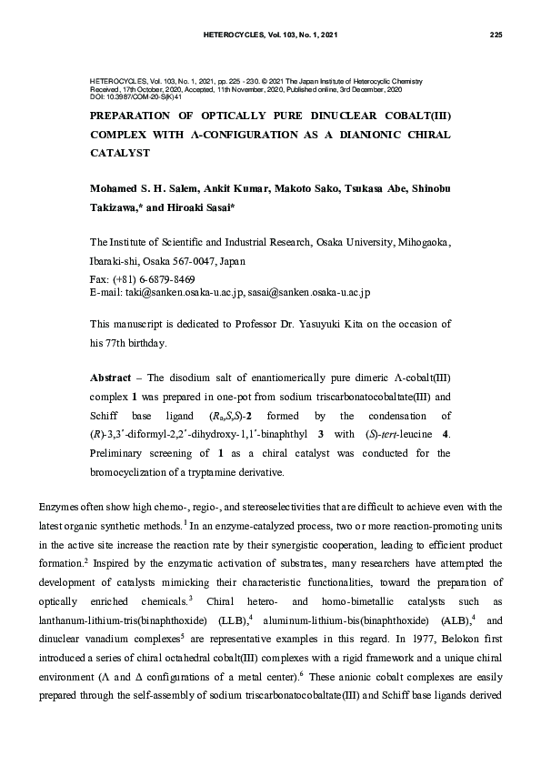 (PDF) Preparation of optically pure dinuclear cobalt (Ⅲ) complex with Λ ...