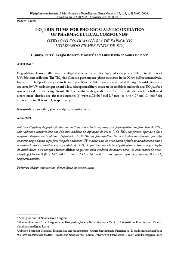 (PDF) TiO2 thin films for photocatalytic oxidation of pharmaceutical ...