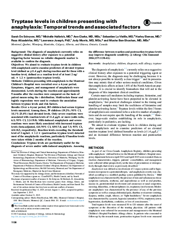 (PDF) Tryptase levels in children presenting with anaphylaxis: Temporal ...