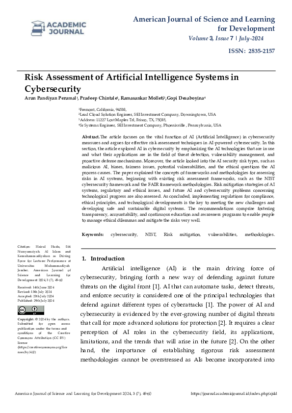 (PDF) Risk Assessment of Artificial Intelligence Systems in Cybersecurity