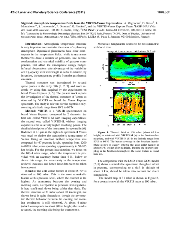 (PDF) Nightside Atmospheric Temperature Fields from the VIRTIS-Venus ...
