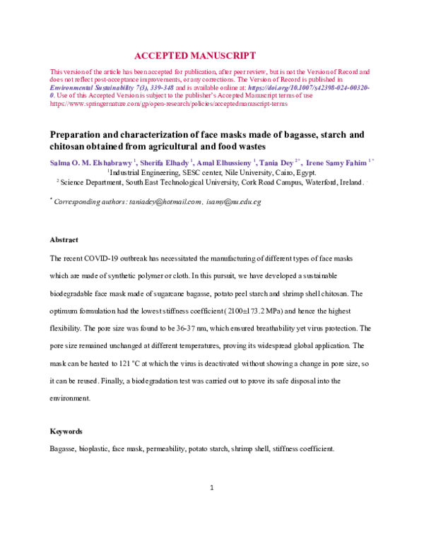 (PDF) Preparation and characterization of face masks made of bagasse ...
