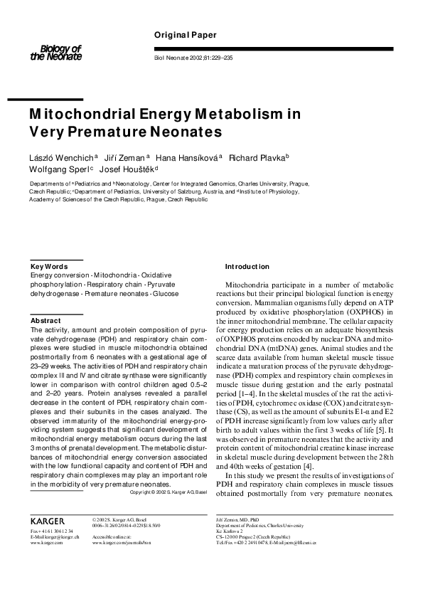 (PDF) Mitochondrial Energy Metabolism in Very Premature Neonates