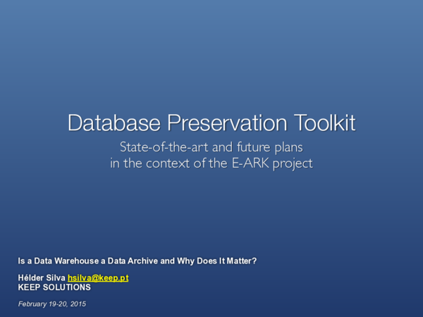 (PDF) Database preservation toolkit : state-of-the-art and future plans ...