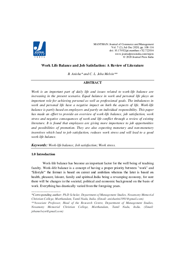 (PDF) Work Life Balance and Job Satisfaction: A Review of Literature