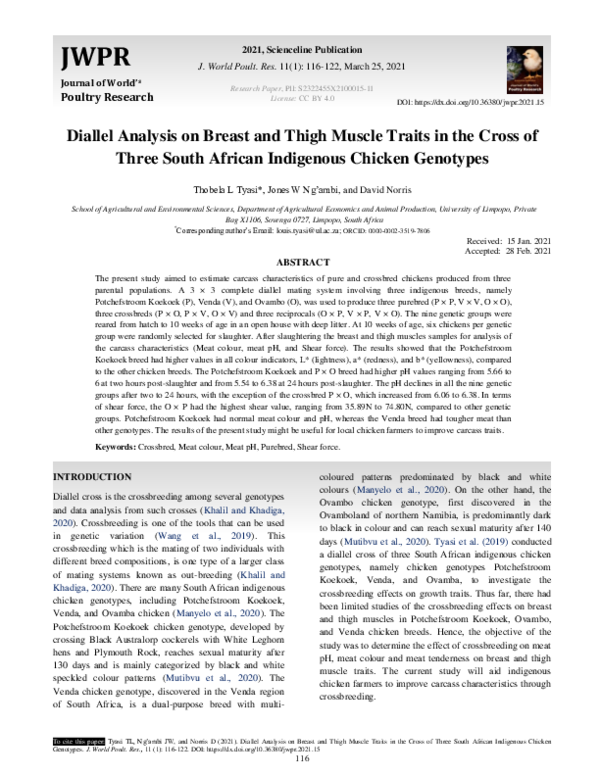 (PDF) Diallel Analysis on Breast and Thigh Muscle Traits in the Cross ...