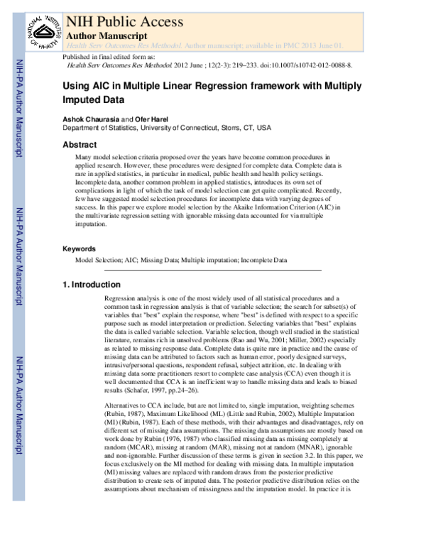 (PDF) Using AIC in multiple linear regression framework with multiply ...