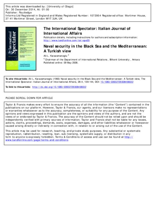 (PDF) Naval security in the Black Sea and the Mediterranean: A Turkish view