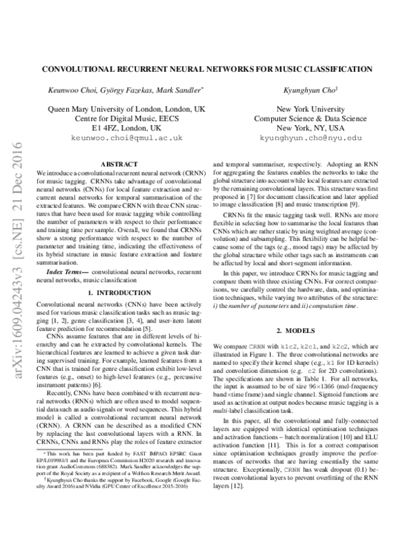 (PDF) Convolutional Recurrent Neural Networks for Music Classification