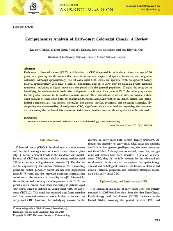 (PDF) Comprehensive Analysis of Early-onset Colorectal Cancer: A Review