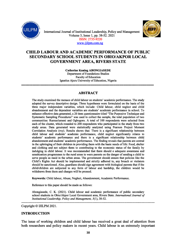 (PDF) CHILD LABOUR AND ACADEMIC PERFORMANCE OF PUBLIC SECONDARY SCHOOL ...