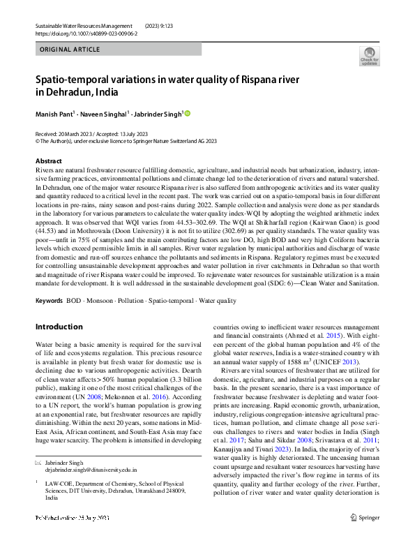 (PDF) Spatio‑temporal variations in water quality of Rispana river in ...