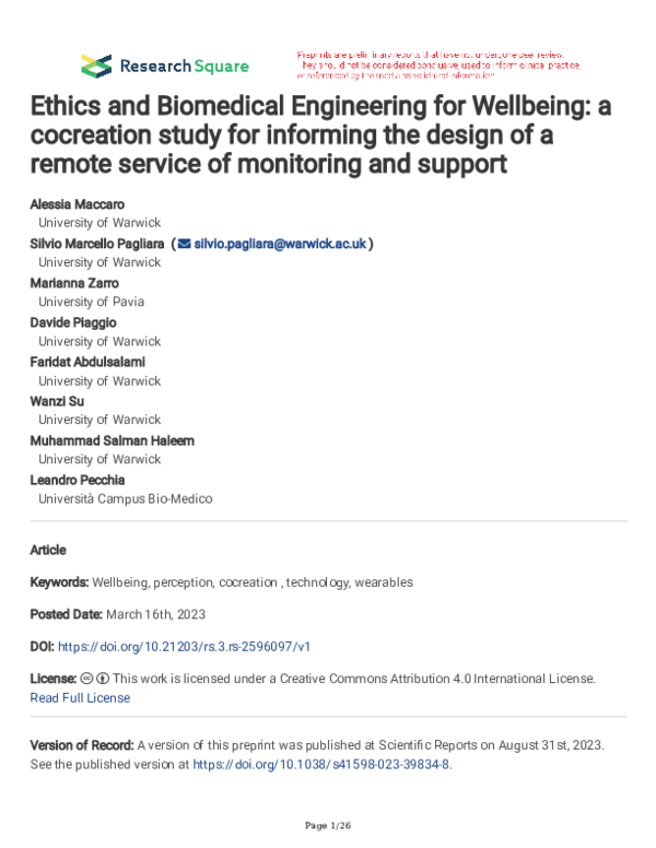 (PDF) Ethics and Biomedical Engineering for Wellbeing: a cocreation ...