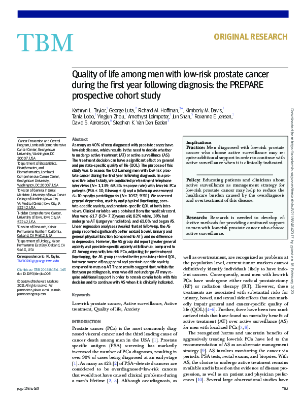 (PDF) Quality of life among men with low-risk prostate cancer during ...