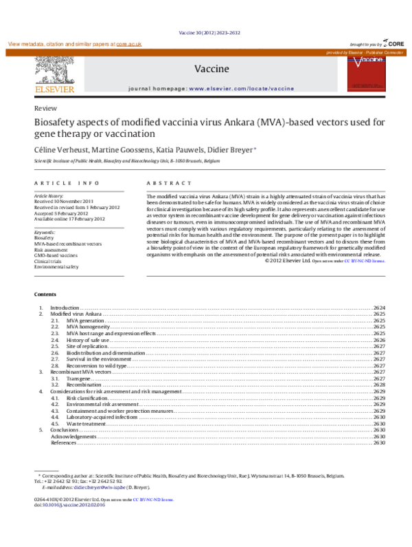 (PDF) Biosafety aspects of modified vaccinia virus Ankara (MVA)-based ...