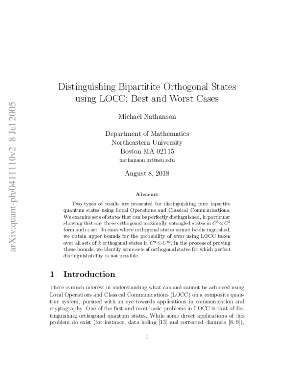 (PDF) Distinguishing bipartitite orthogonal states using LOCC: Best and ...