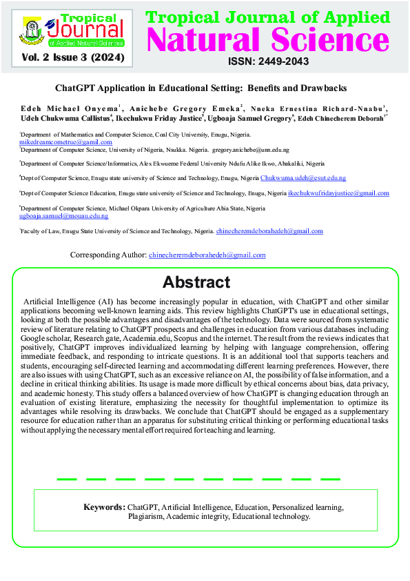 (PDF) ChatGPT Application in Educational Setting Benefits and Drawbacks