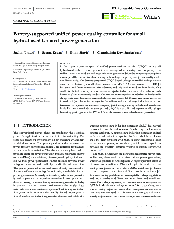 (PDF) Battery‐supported unified power quality controller for small ...