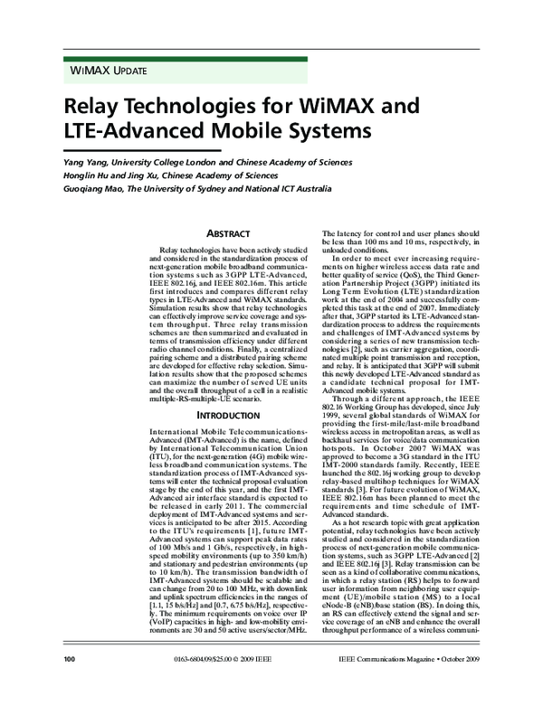 (PDF) Relay technologies for WiMax and LTE-advanced mobile systems