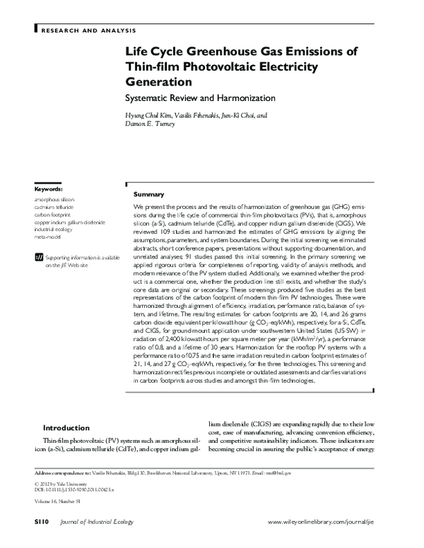(PDF) Life Cycle Greenhouse Gas Emissions of Thin‐film Photovoltaic ...