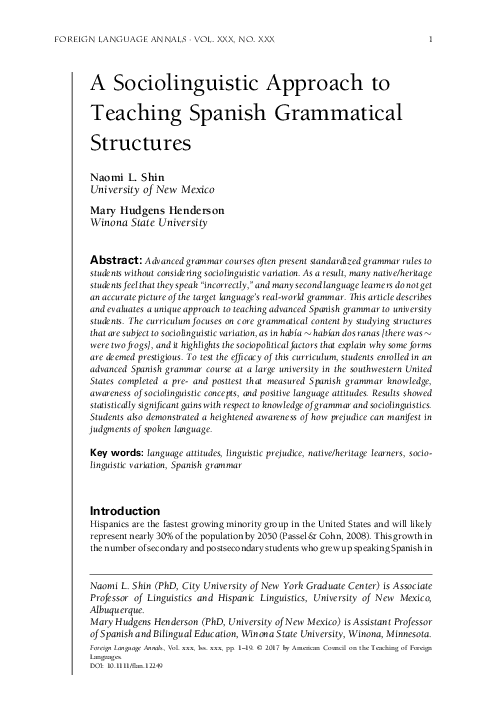 (PDF) A Sociolinguistic Approach to Teaching Spanish Grammatical Structures