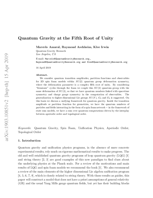 (PDF) Quantum gravity at the fifth root of unity