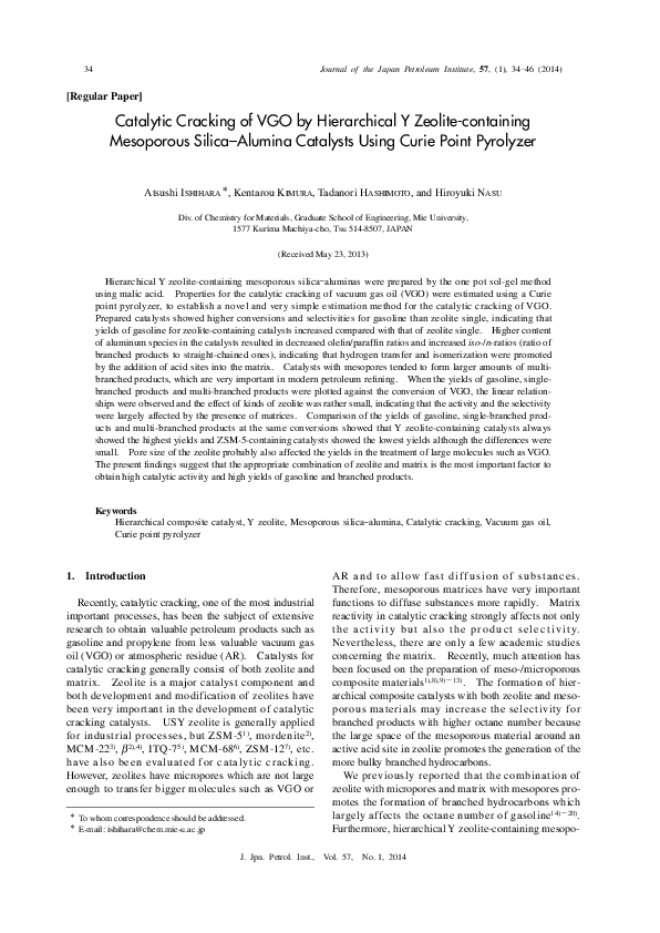(PDF) Catalytic Cracking of VGO by Hierarchical Y Zeolite-containing ...