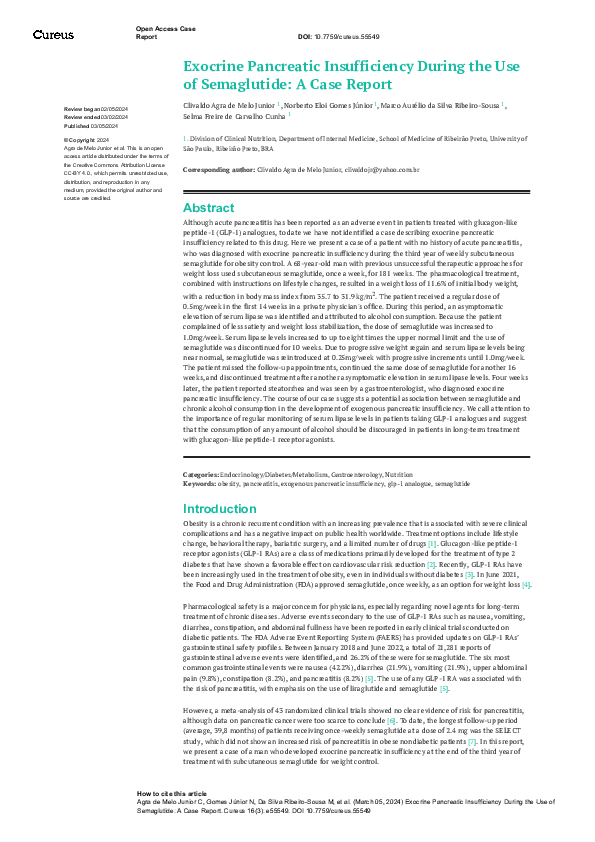 (PDF) Exocrine Pancreatic Insufficiency During the Use of Semaglutide ...