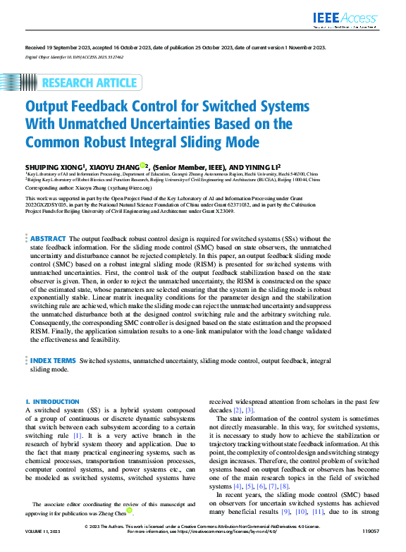(PDF) Output Feedback Control for Switched Systems With Unmatched ...