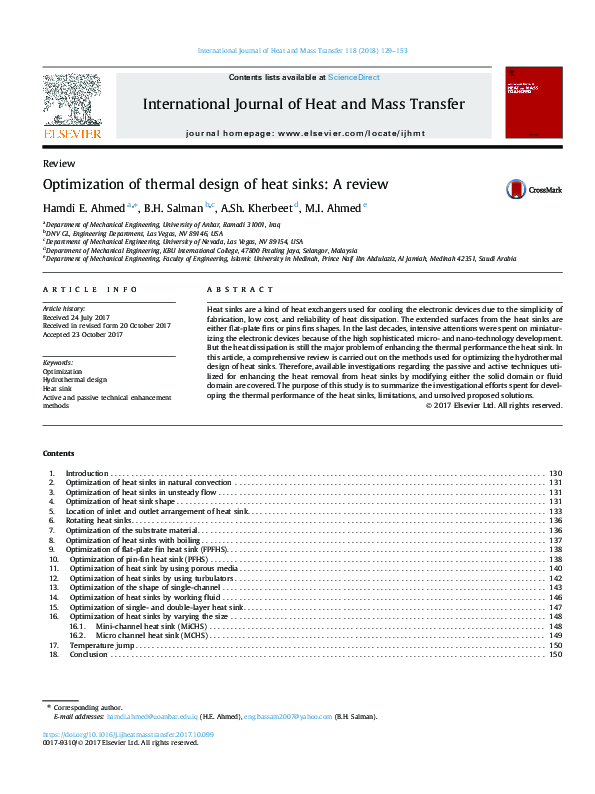(PDF) Optimization of thermal design of heat sinks: A review