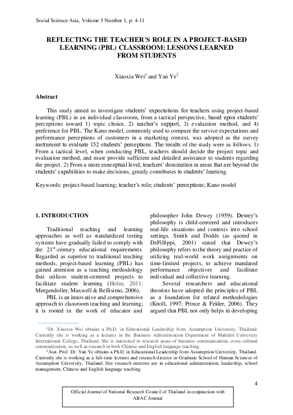 (PDF) Reflecting the Teacher's Role in a Project-Based Learning (PBL ...