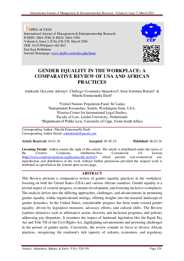 (PDF) Gender Equality in the Workplace: A Comparative Review of Usa and ...
