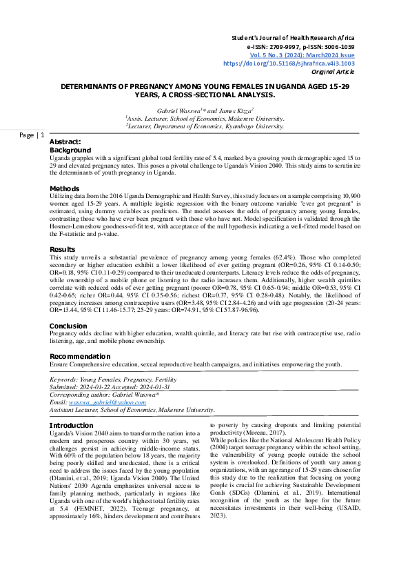 (PDF) Determinants of Pregnancy Among Young Females in Uganda Aged 15 ...