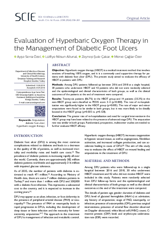 (PDF) Evaluation Of Hyperbaric Oxygene Therapy On Diabetic Foot Ulcers ...