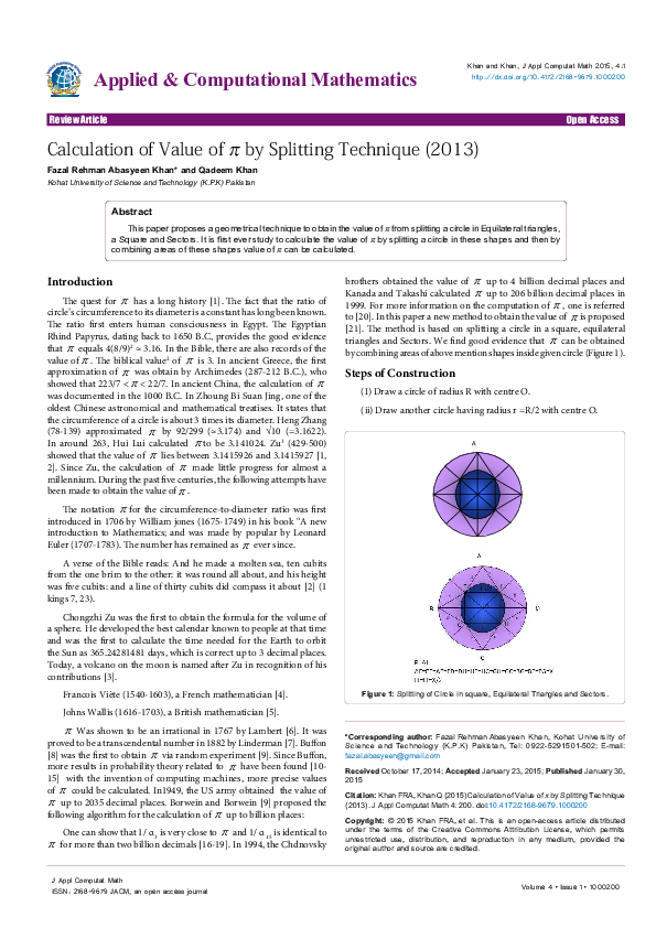 (PDF) Calculation of value of pi by splitting technique(2013)