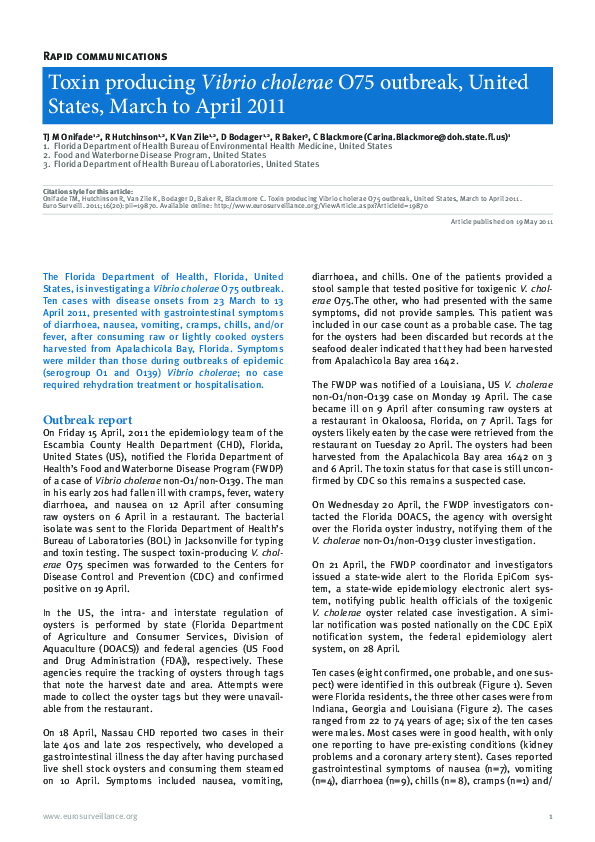 (PDF) Toxin producing Vibrio cholerae O75 outbreak, United States ...