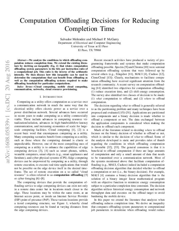 (PDF) Computation offloading decisions for reducing completion time