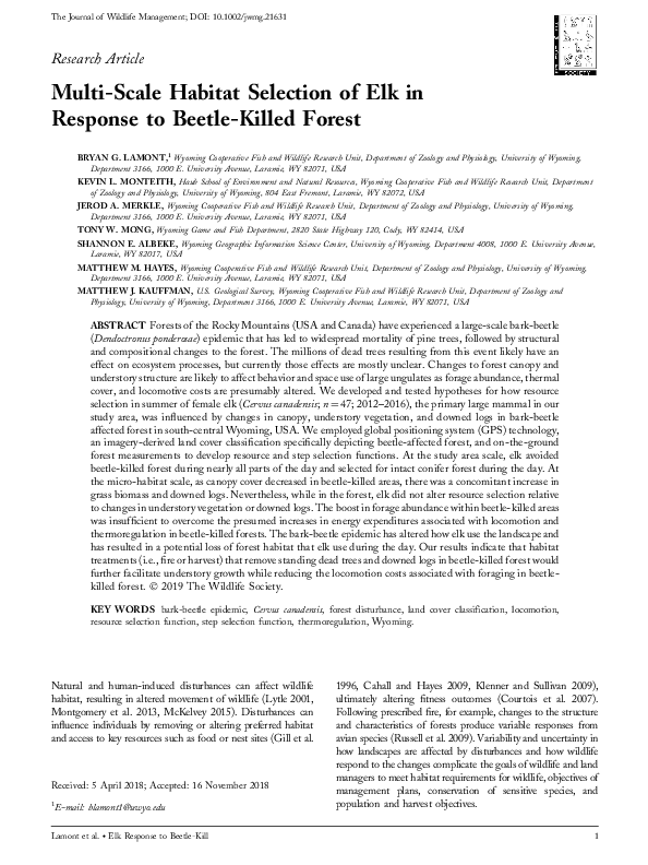 (PDF) Multi‐scale habitat selection of elk in response to beetle‐killed ...