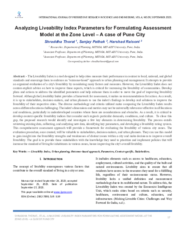 (PDF) Analyzing Liveability Index Parameters for Formulating Assessment ...