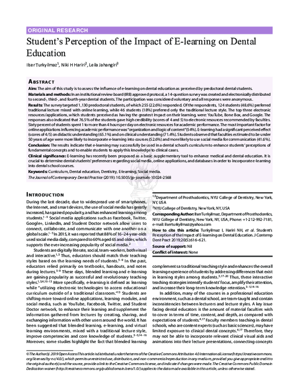(PDF) Student\'s Perception of the Impact of E-learning on Dental Education