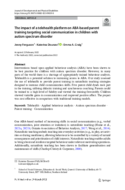 (PDF) The impact of a telehealth platform on ABA-based parent training ...