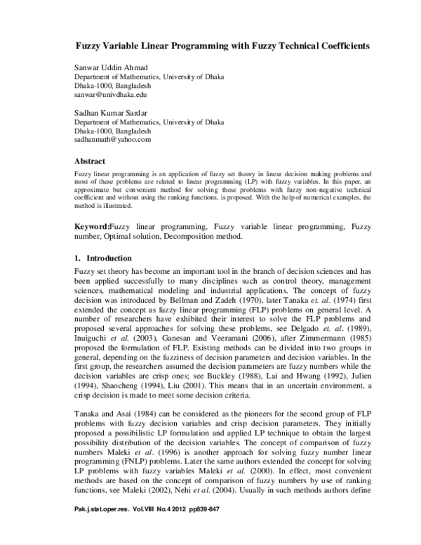 (PDF) Fuzzy variable linear programming with fuzzy technical coefficients