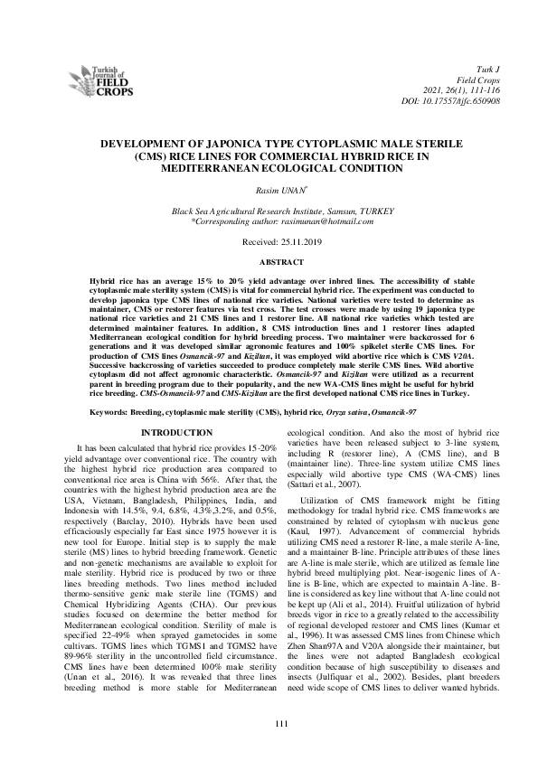 (PDF) Development of Japonica Type Cytoplasmic Male Sterile (CMS) Rice ...
